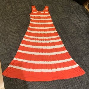 Calvin Klein Orange and White Striped Tie Dyed Look Maxi Dress in size L